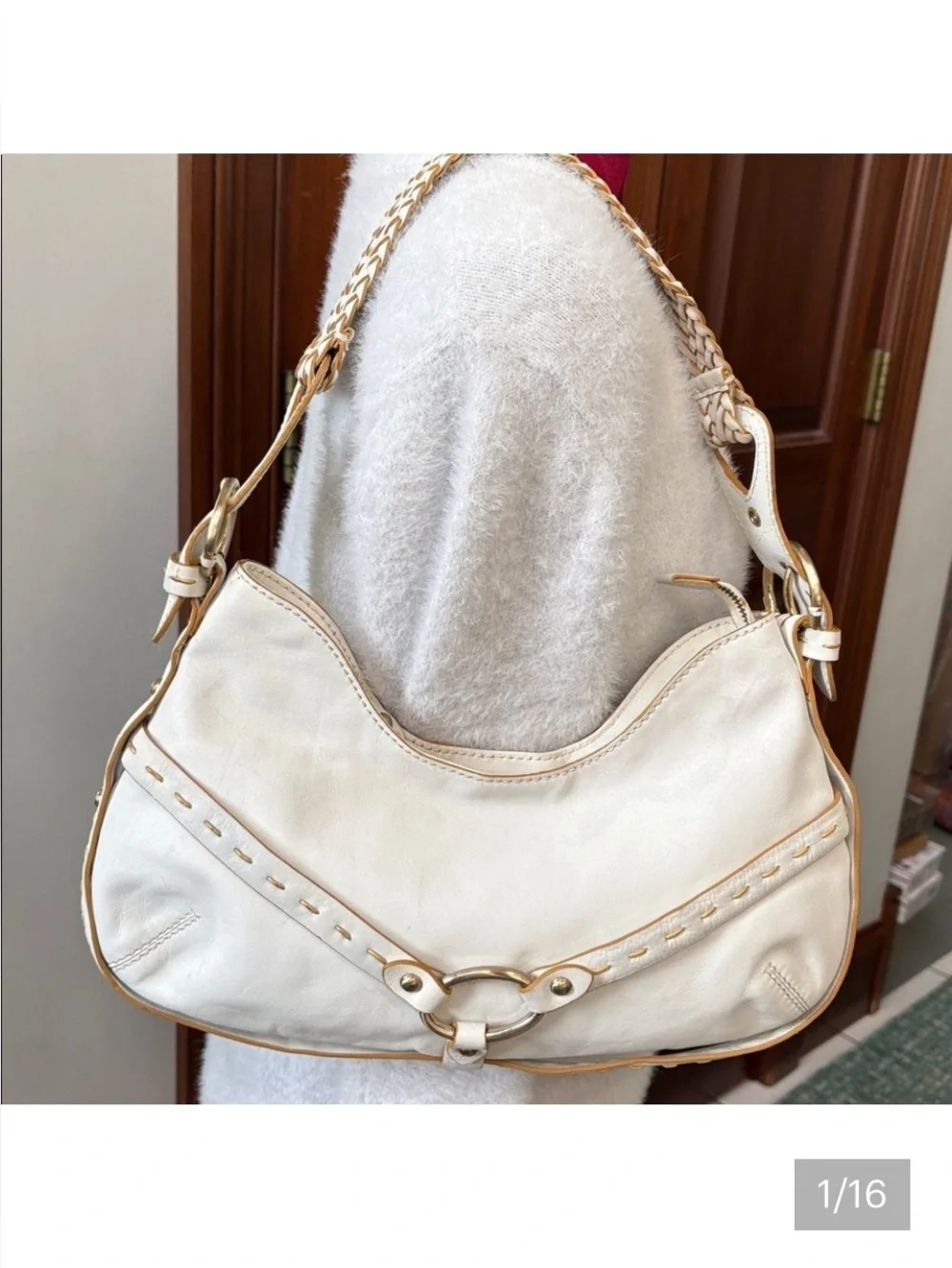 Via Spiga shoulder bag Leather smooth white/tan stitching braided handle EUC - Picture 1 of 16
